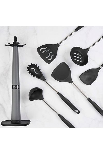Onuvio Set de 6 ustensile de bucătărie din silicon cu suport de blat tip cârlig, fără BPA, Onuvio® - Negru