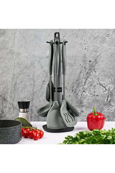 Onuvio Set of 6 Silicone Kitchen Utensils with Hook-Type Countertop Holder, BPA-Free, Onuvio® - Gray