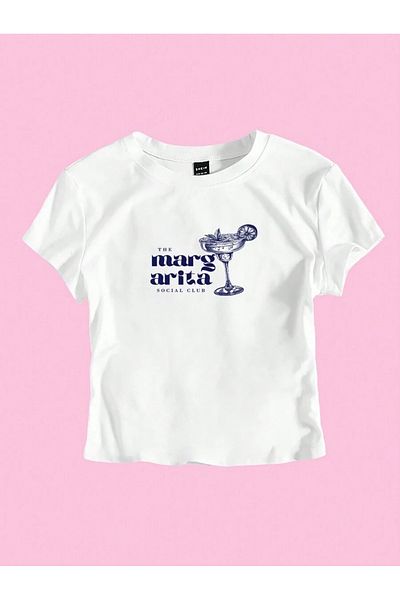PALPİTO Women's White Margarita Club Printed Crew Neck Tight Crop Tshirt