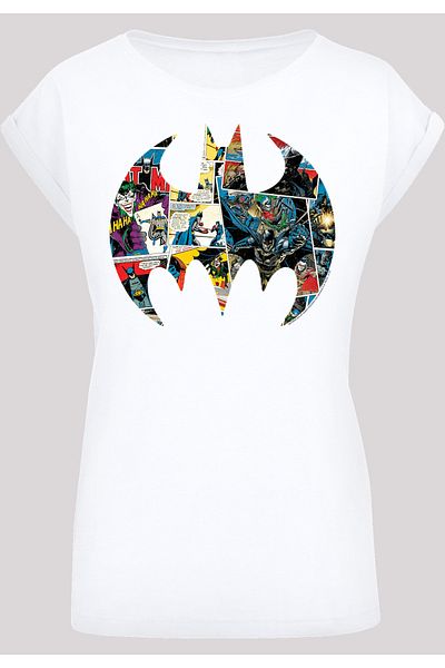 F4NT4STIC Damen Batman Comic Book Logo -wht With Ladies Extended Shoulder Tee