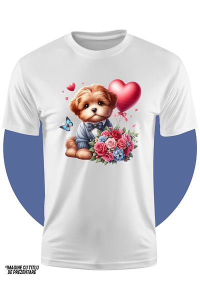 StoryGift Romania Tricou Copii Cu Un Catelus De Talie Mica, Blanos, Ilustratie, Buchet Cu Trandafiri, Flutur