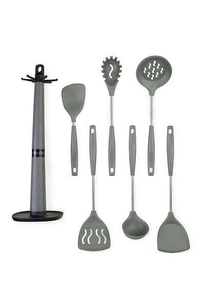 Onuvio Set of 6 Silicone Kitchen Utensils with Hook-Type Countertop Holder, BPA-Free, Onuvio® - Gray