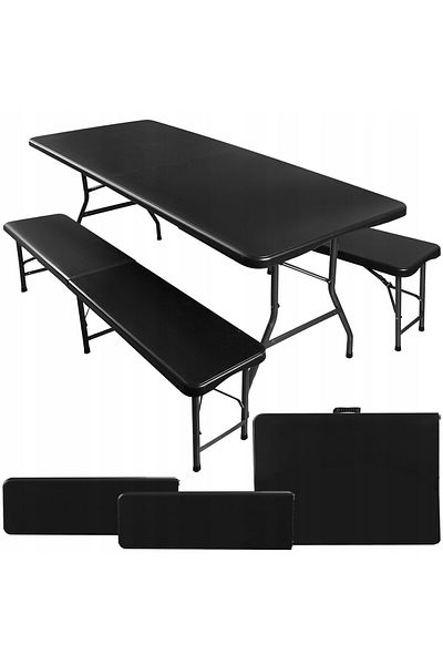 zola Masă pliabilă și 2 bănci, plastic și oțel, 180x74x74cm/180x30x45cm, pentru camping, neagră