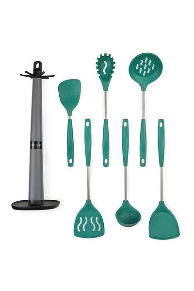Onuvio Set of 6 Silicone Kitchen Utensils with Hook-Type Countertop Holder, BPA-Free, Onuvio® - Green