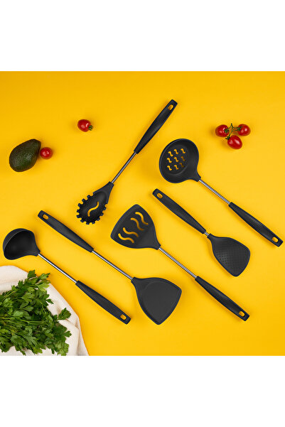 Onuvio Set of 6 Silicone Kitchen Utensils with Hook-Type Countertop Holder, BPA-Free, Onuvio® - Black