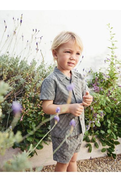 Next Baby Khaki Green - Short Sleeve Revere Collar Texture 100% Cotton Shirt & Shorts Set