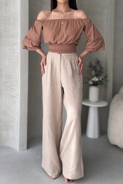 Fav Style Γυναικεία μανίκια με γιακά Madonna με γιακά με γιακά ισπανική μπλούζα Camel