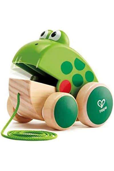 Hape Frog Pull-Along Toy for Toddlers | Wooden Push & Pull Animal Toy with Moving Mouth Action