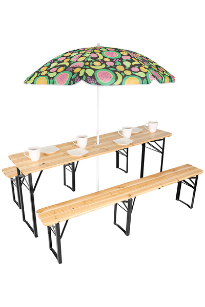 zola Table set with 2 folding benches, metal frame, wooden top, umbrella hole, 170x46x75 cm/170x23x46 cm, cream