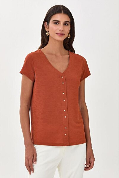 İKİLER V Yaka Önü Metal Aksesuarlı Bluz 025-1046