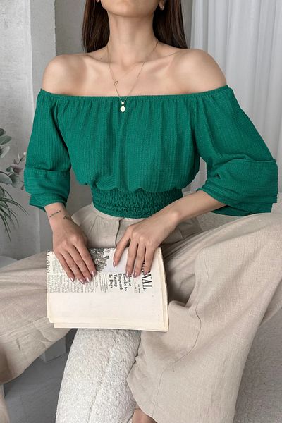 Fav Style Γυναικεία μανίκια με γιακά Madonna με γιακά με γιακά ισπανική μπλούζα Crop πράσινη