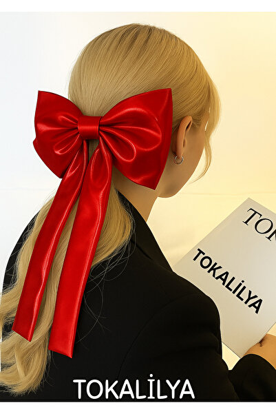 TOKALİLYA Kadın Kırmızı saten kuyruklu fiyonk metal klipsli saç tokası