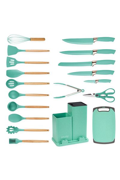 Onuvio 19-piece Kitchen Utensil, Wood And Food-grade Silicone, Knives, Chopping Board, ™ - Turquoise
