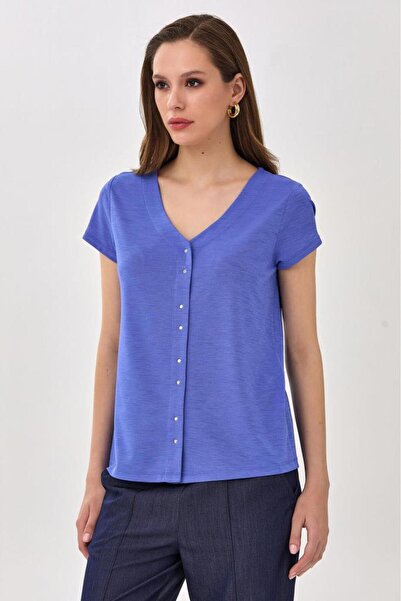 İKİLER V Yaka Önü Metal Aksesuarlı Bluz 025-1046