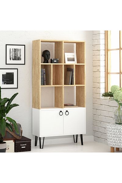 Mourah Home Bene 2-tier Bookcase With Doors – Bookshelf Cabinet - Display Rack With Metal Legs