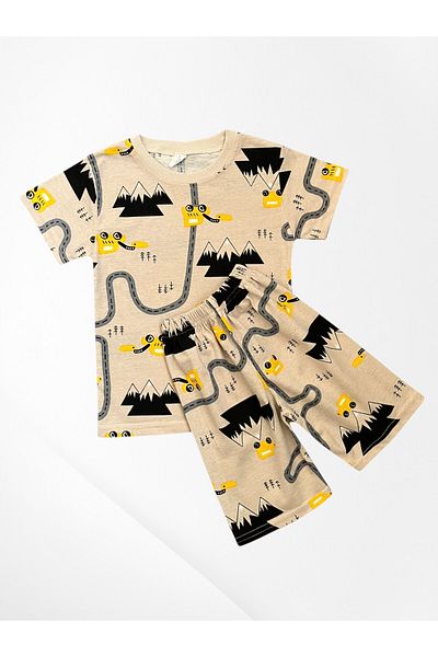 Pajama Shop Boy's Cotton Beige Road Car Patterned Short Sleeve Shorts Summer Pajama Set