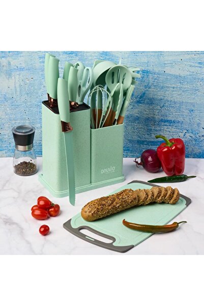 Onuvio 19-piece kitchen utensil set, Wood and Food-grade Silicone, Knives, Chopping Board, Onuvio™ - Green