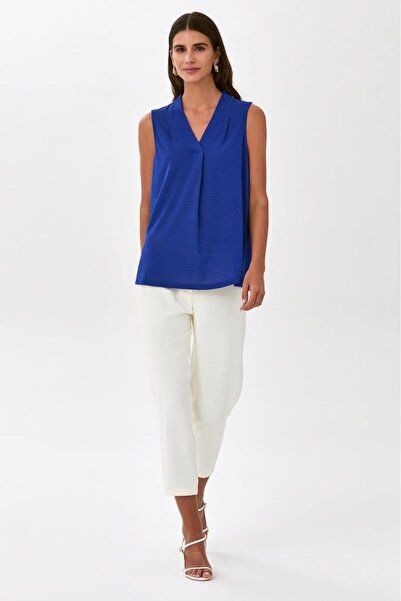 İKİLER Önü Pileli V Yaka Kolsuz Bluz 025-1035