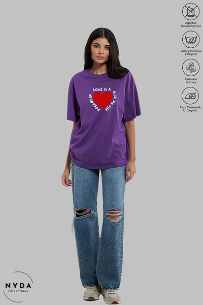 Nyda Collections Women's Crew Neck Heart Love Printed Cotton Oversize Short Sleeve T-Shirt