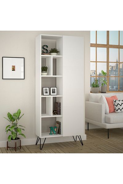 Mourah Home Jedda 7-Tier Bookshelf with 1 Door – Storage Rack - Display Cabinet With Metal Legs