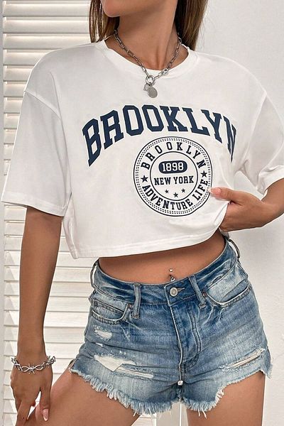 VBSVİBES Brooklyn 1898 Adventure Printed Women's Crop White T-Shirt
