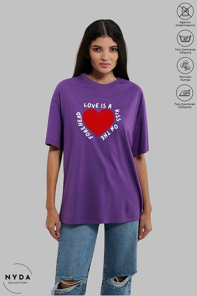 Nyda Collections Women's Crew Neck Heart Love Printed Cotton Oversize Short Sleeve T-Shirt