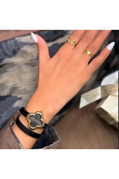 catera ساعة نسائية جلد ماركة كاتيرا سير أسود اطار ذهبي ميناء أسود