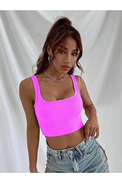 DUBU BUTİK Askılı Fitilli Crop Top Bluz - Fuşya