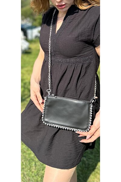 SİNİSA BAG Geantă neagră pentru mână și umăr pentru femei, cu mini margele