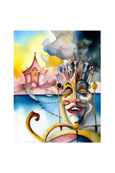 StoryGift Romania Sticker Eticheta 50CM Cu Priveliste Cort Circ, Masca Traditionala Venetia, Lac, Turnuri, Camil