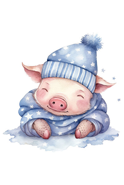 StoryGift Romania Sticker Autocolant 70CM cu un purcelus care doarme, ilustratie, noapte, caciula, frig, fular,