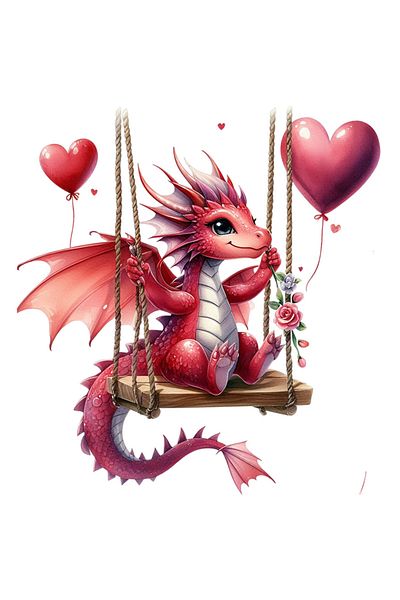 StoryGift Romania Sticker Eticheta 40CM cu un mic dragon care se da in leagan, ilustratie, baloane, inimioare, f