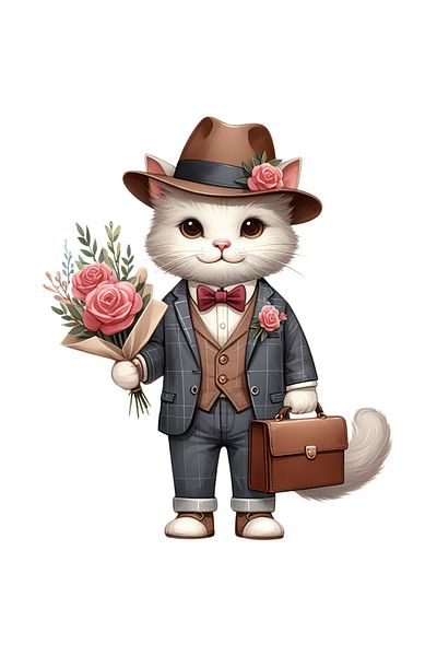 StoryGift Romania Sticker Adeziv 90CM cu un motan alb la costum care tine un buchet cu trandafiri si o servieta,