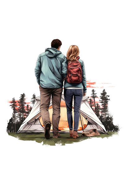 StoryGift Romania Sticker Eticheta 50CM cu un cuplu la camping, ilustratie, ghiozdan, pregatiti, cort, padure, v