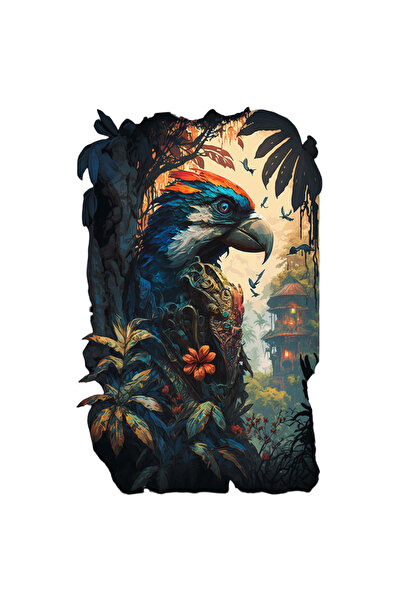 StoryGift Romania Sticker Autocolant 70CM Cu Papagal, Jungla, Templu, Armura, Fantasy, cu Margini Albe, PVC Vin