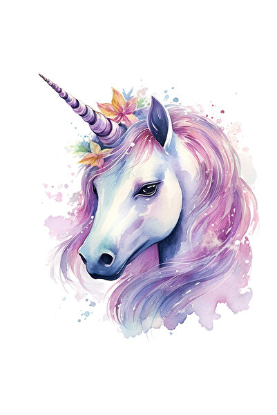 StoryGift Romania Sticker Eticheta 40CM cu un unicorn, ilustratie, floricele, serios, putin trist, coama mov, pe