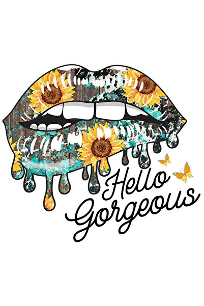 StoryGift Romania Sticker Eticheta 40CM cu mesajul "Hello, gorgeous", ilustratie, buna, superba, buze, flori de