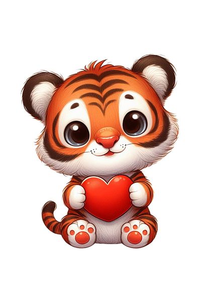 StoryGift Romania Sticker With A Tiger Cub Holding A Heart In Its Arms, Illustration, Appreciation, Gratitude