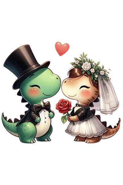 StoryGift Romania Sticker Autocolant 70CM cu o femela dinozaur si un dinozaur verde la nunta, ilustratie, ferici