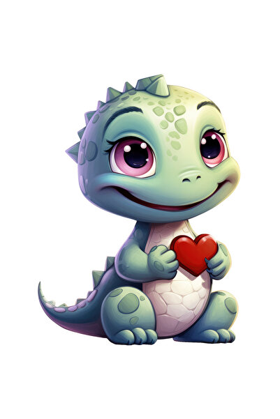 StoryGift Romania Sticker Autocolant 70CM cu un dinozaur micut, verde, ilustratie, tine o inimioara, apreciere,