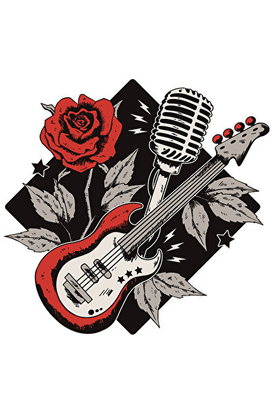 StoryGift Romania Sticker Cu Chitara Electrica, Microfon Clasic, Trandafir Rosu, Muzica Rock, Cu Margini Al