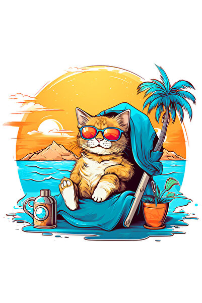 StoryGift Romania Sticker Eticheta 50CM cu o pisica pe plaja, ilustratie, rel...