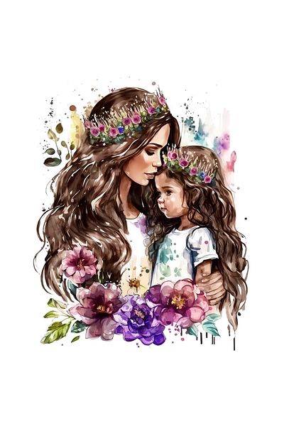 StoryGift Romania Sticker Adeziv 90CM cu o mama care isi tine fetita, ilustratie, coronite din flori, abstract,