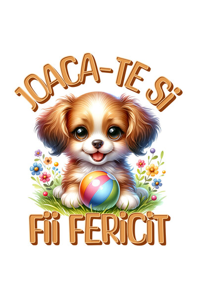 StoryGift Romania Sticker Adeziv 90CM cu Caine Pui Blanos Vesel Cu Minge Colorata Pe Iarba Verde Cu Flori Text J