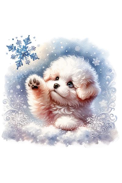 StoryGift Romania Sticker Eticheta 50CM cu un catelus alb care vrea sa atinga un fulg de nea, ilustratie, ninge,