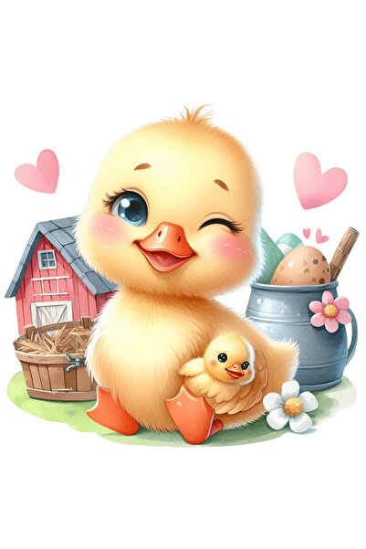 StoryGift Romania Sticker Autocolant 70CM cu o ratusca vesela, ilustratie, inimioare, hambar, butoi, paie, flori