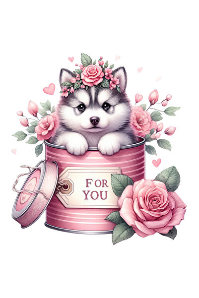 StoryGift Romania Sticker Eticheta 40CM cu un catelus Husky care iese dintr-o conserva, ilustratie, flori, natur