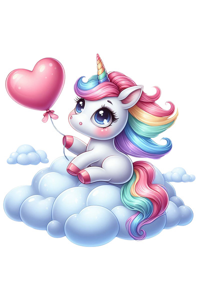 StoryGift Romania Sticker Autocolant 70CM cu un unicorn care sta pe un norisor, tine un balon roz in forma de in