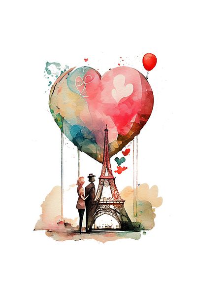 StoryGift Romania Sticker Autocolant 70CM Cu Pictura Cuplu sub Turnul Eiffel, Balon Rosu In Forma De Inima, Pari
