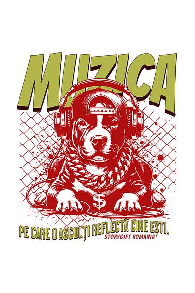 StoryGift Romania Sticker Eticheta 50CM Adeziv Caine gangster cu casti audio si lant gros text MUZICA PE CARE O